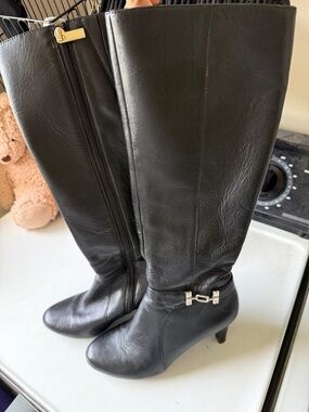 Bandolino Black Leather Knee-High Boots with Gold Accents